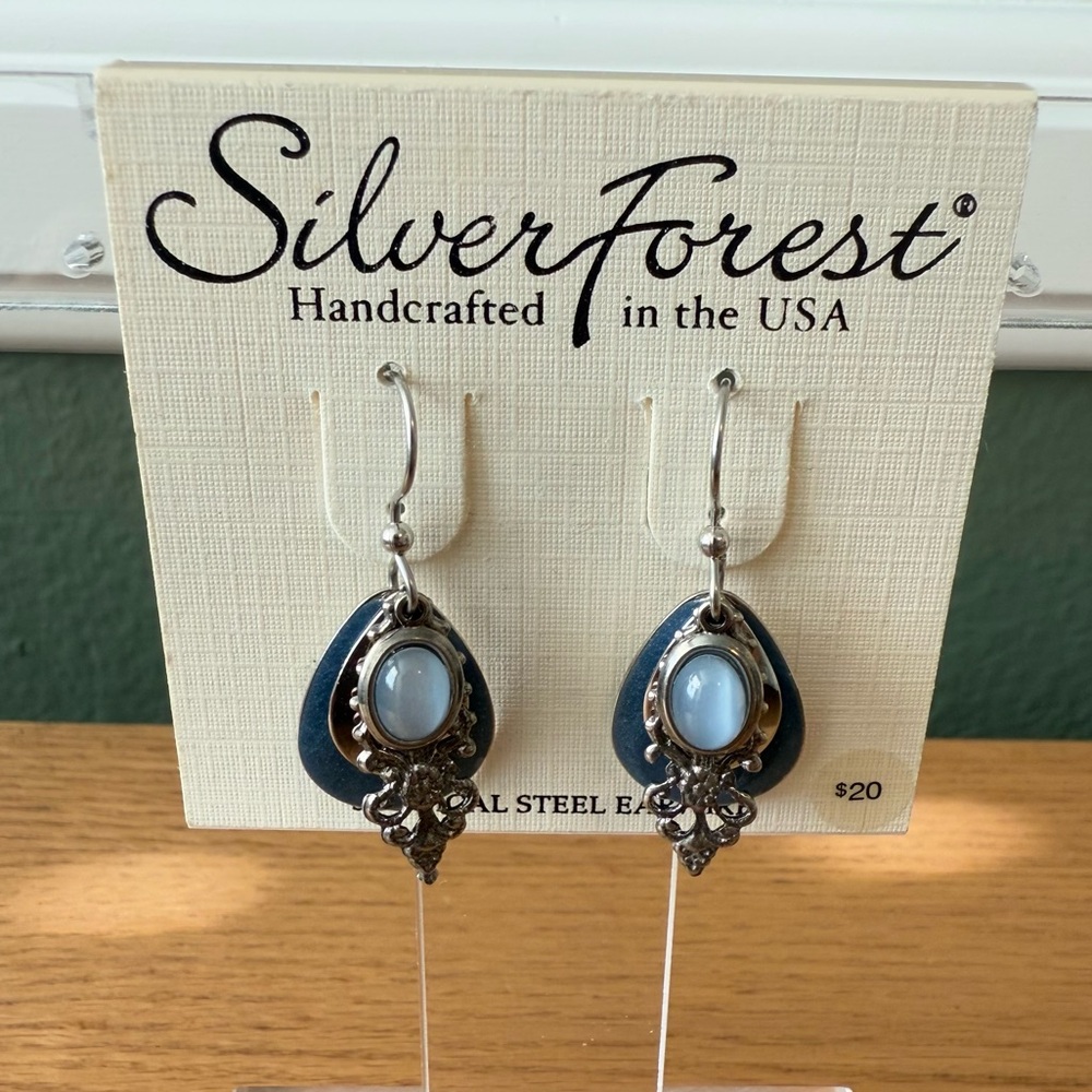 Silver Forest Blue Silver Layered Earrings Filigree Dangle Surgical Steel - NWT
